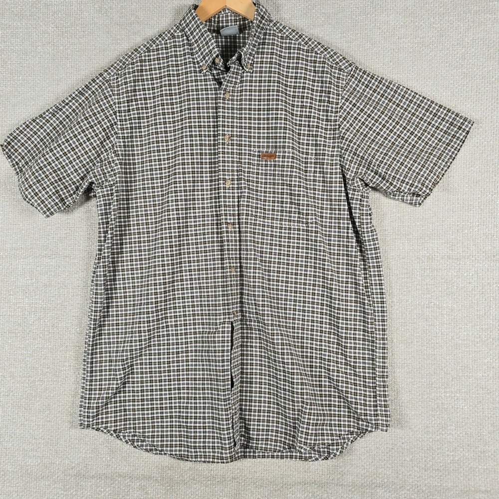 Carhartt Shirt Mens XL Plaid Button Down Short Sleeve Brown Check Measurements